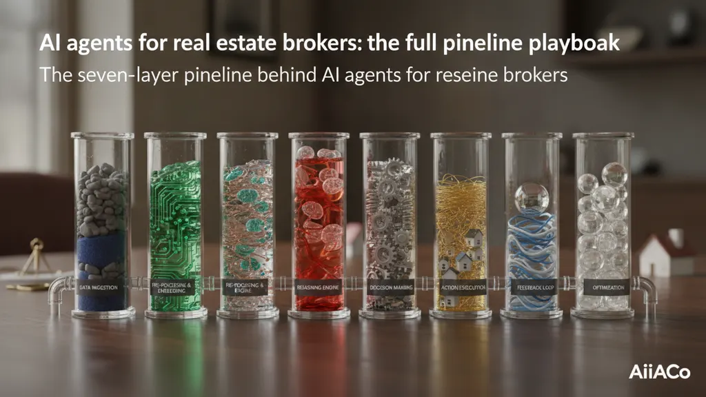 Seven-layer AI infrastructure pipeline diagram for real estate brokerage operations from lead intake to EBITDA reporting