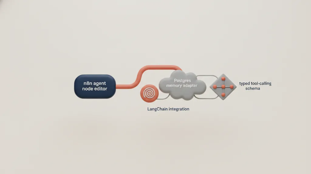 n8n agent node editor showing LangChain integration with Postgres memory adapter and typed tool-calling schema configured