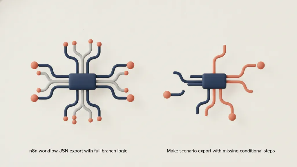Side-by-side view of n8n workflow JSON export with full branch logic versus Make scenario export with missing conditional steps