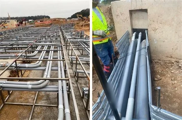 Two photos from duct bank installation work: conduits on steel spacers laid out before the concrete pour, and conduits entering a concrete vault