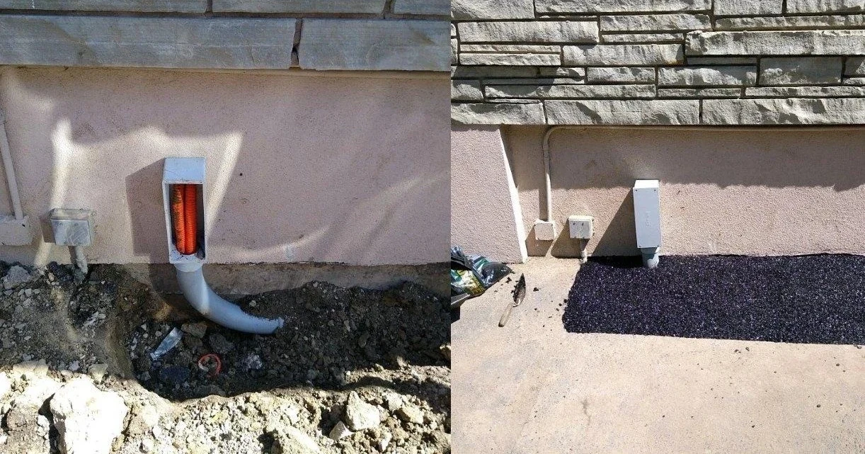 Two views of a directional bore exit at a building wall: conduit sweeps up in a small pit, then the same spot is closed with a small asphalt patch