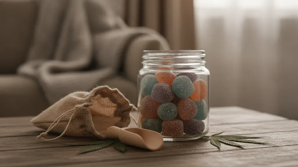 Five hemp-derived CBN sleep gummy bottles arranged on a nightstand for label comparison
