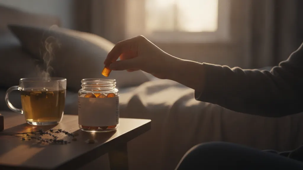 Person holding a hemp-derived gummy in the evening before bedtime for sleep support