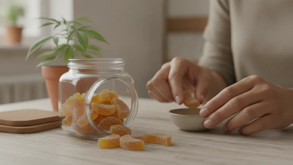 Home blood pressure cuff, a prescription bottle and two hemp-derived CBD gummies arranged on a kitchen counter