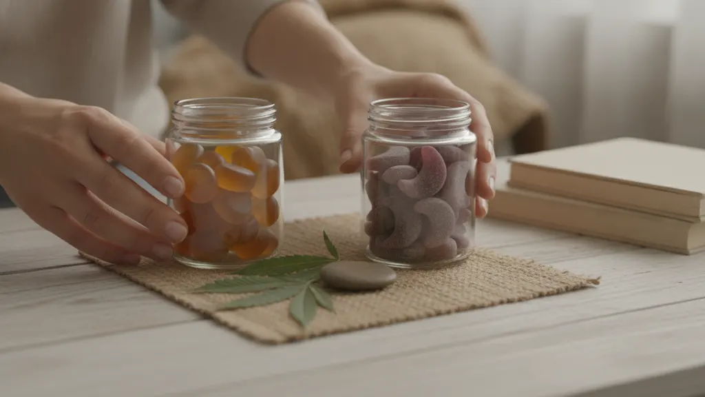 Two labeled hemp-derived sleep gummy jars beside a printed certificate of analysis on a bedside table
