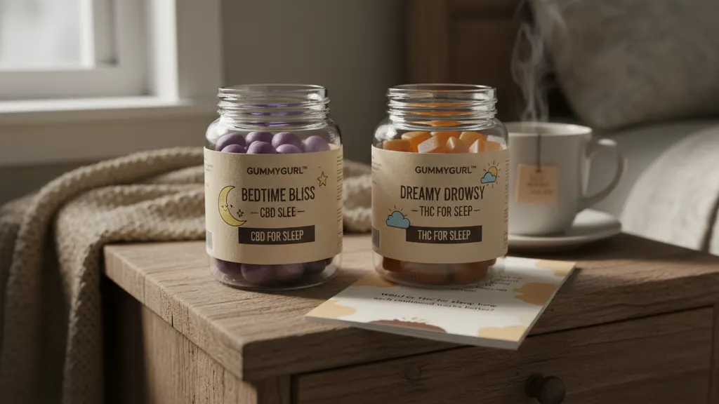 Side-by-side comparison of a CBD sleep gummy and a low-dose THC sleep gummy with milligram labels on a kitchen counter