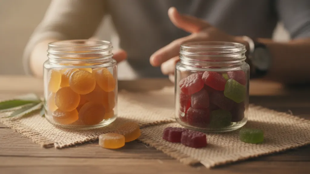 Two hemp-derived gummy jars side by side labelled CBD and THC with a printed COA between them