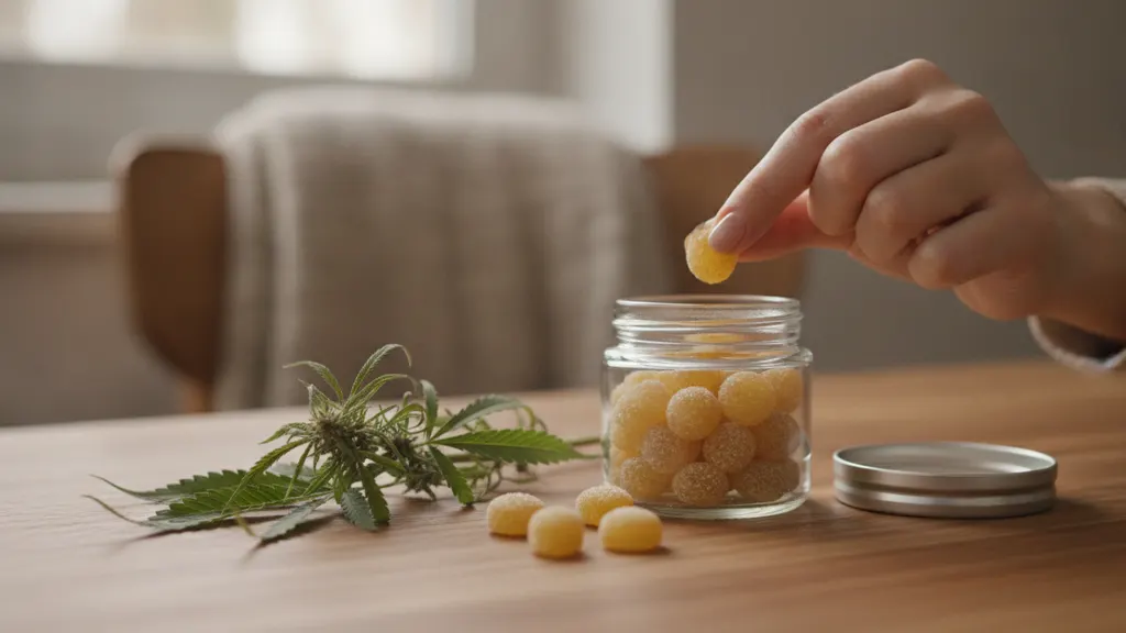 Amber CBG gummies arranged next to a printed hemp COA and a magnifying glass on a cream surface