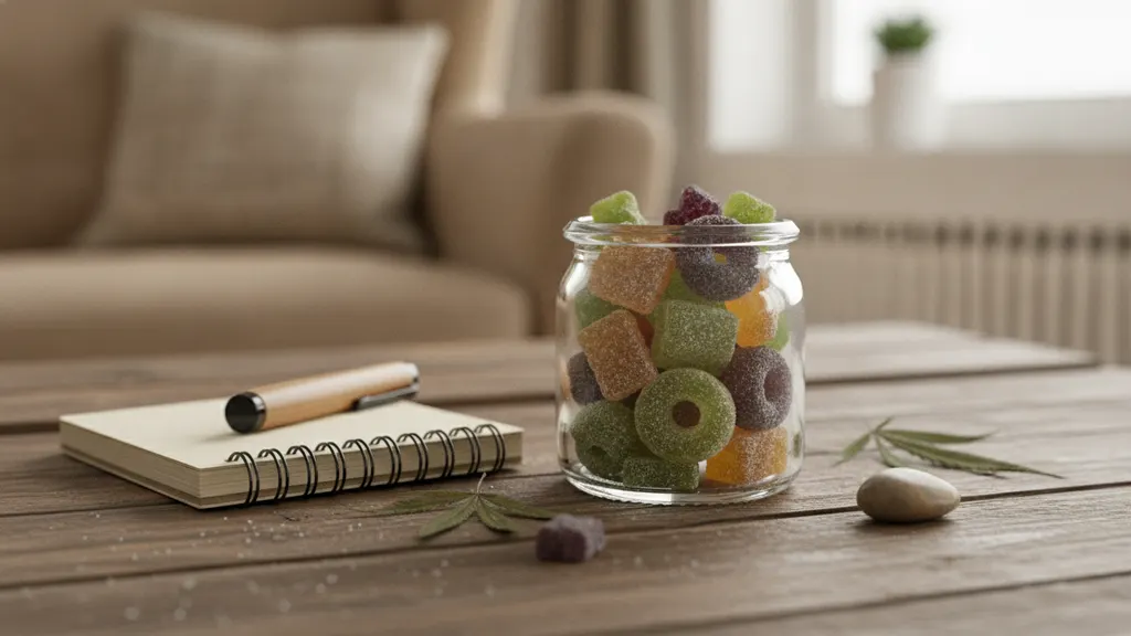 Assortment of hemp-derived delta 10 THC gummies alongside a third-party lab COA on a wooden countertop