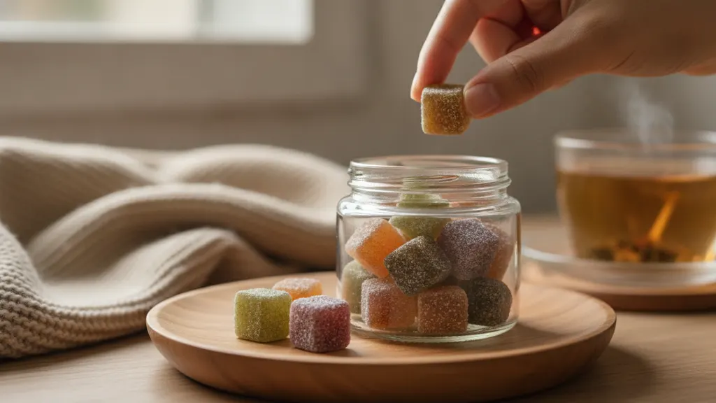 Assortment of hemp-derived delta 8 THC gummies packaged with a third-party COA and dosing label