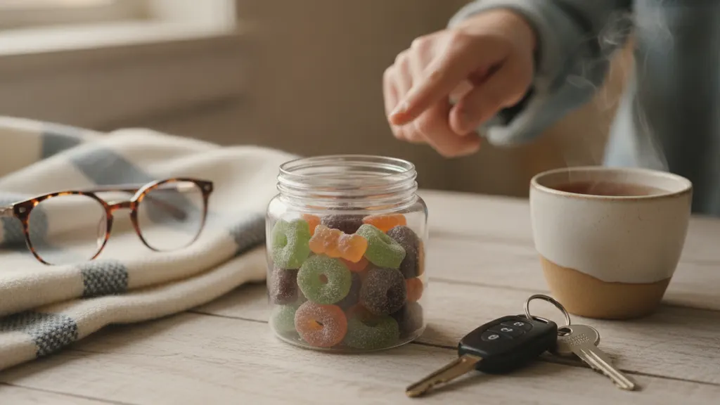 Illustrated hemp gummy jar next to car keys and a state DUI code chart for driving safety