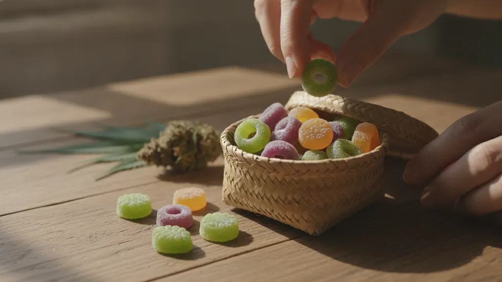 Full spectrum hemp gummies beside a certificate of analysis showing multiple cannabinoids and terpene panel