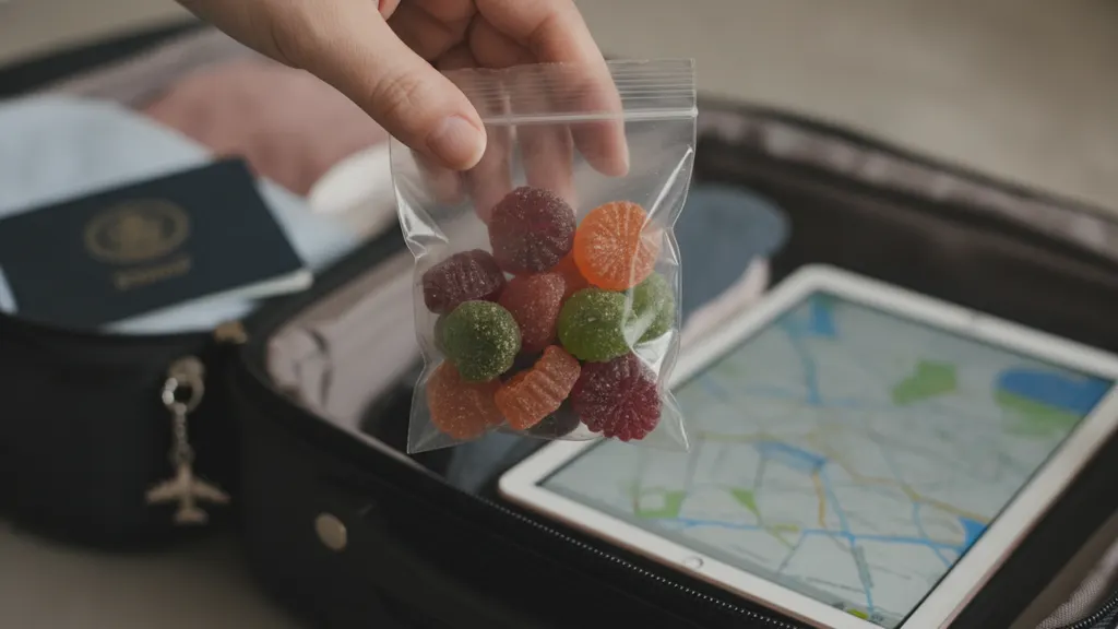 Traveler packing labeled hemp gummies and COA paperwork into a carry-on bag before flying