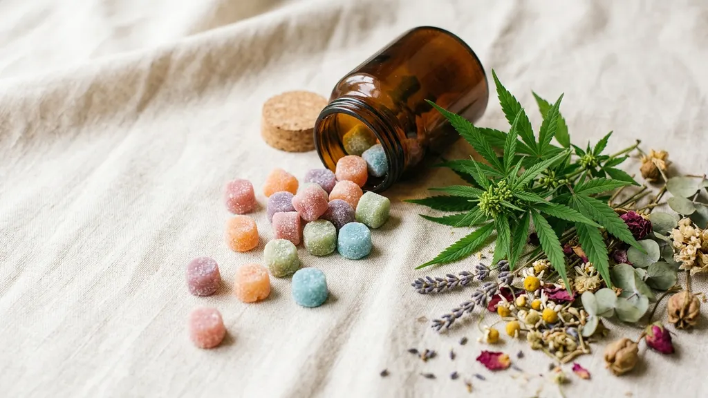 Three hemp gummy jars labeled full spectrum, broad spectrum, and CBD isolate arranged on a white surface with their certificates of analysis visible behind them