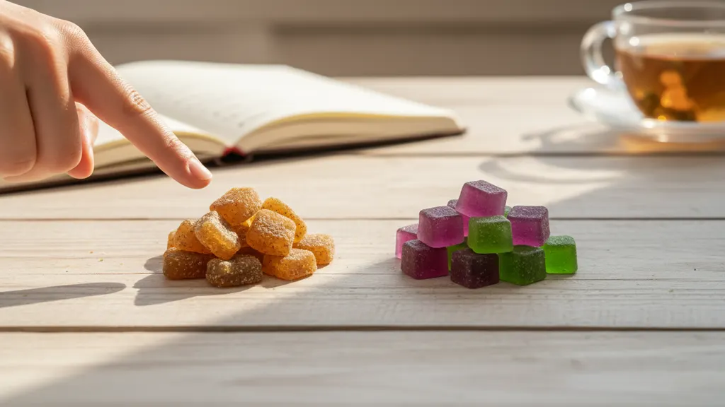 Side-by-side jars of full spectrum and isolate hemp gummies sitting next to printed COA documents