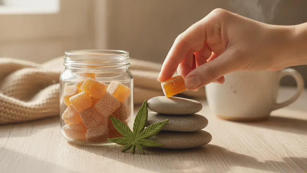 Hemp-derived gummies beside a liver function blood test request form on a kitchen counter
