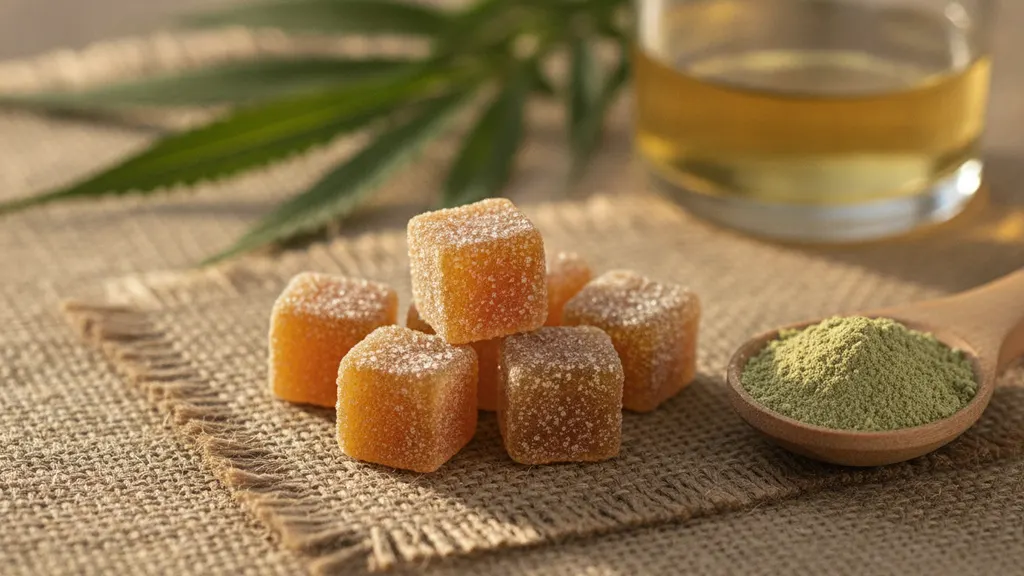 Hemp-derived gummies arranged next to a lab certificate of analysis for anxiety research context