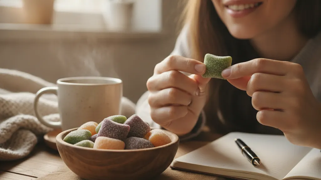 Woman in her fifties reading a hemp gummy label with a mug of tea on a kitchen counter in morning light