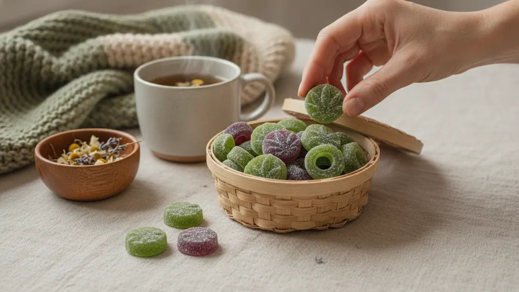 Woman journaling menstrual pain scores next to hemp-derived gummies on a bedside table
