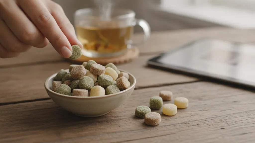 Hemp-derived gummies arranged next to a glass of water on a calm kitchen counter for nausea relief