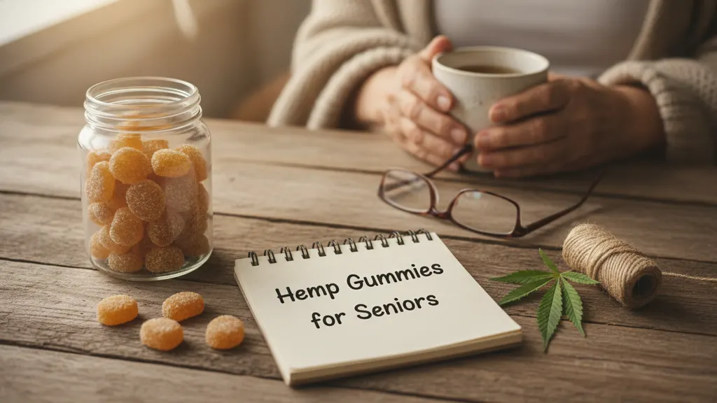 Older adult reading a hemp gummy bottle label and COA at a kitchen table