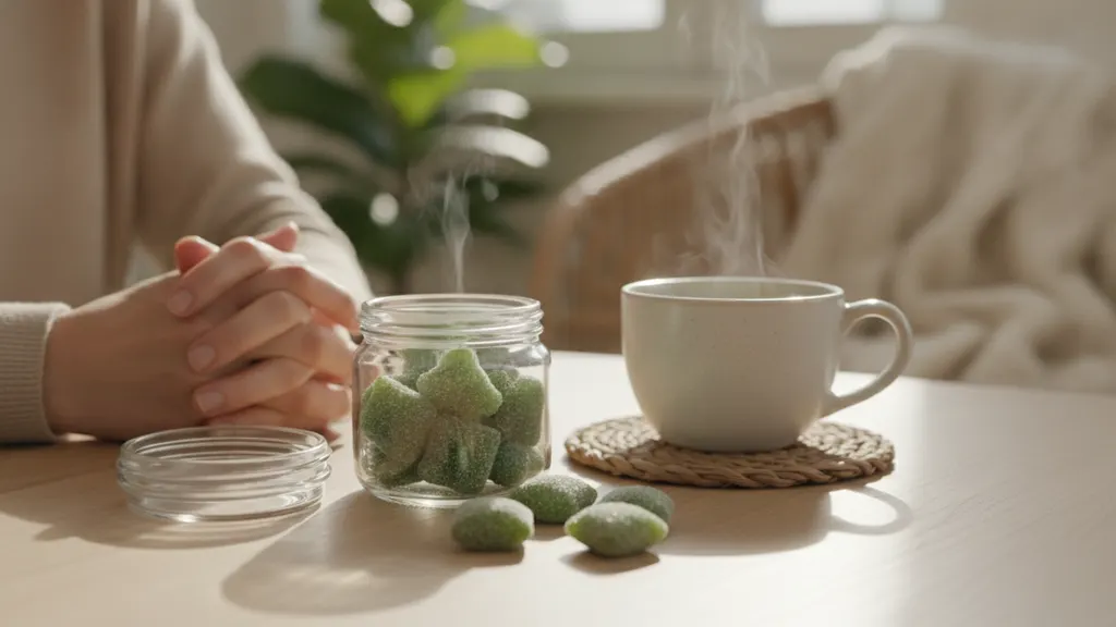 Assorted hemp-derived stress relief gummies with a batch COA and dosage log on a wood surface