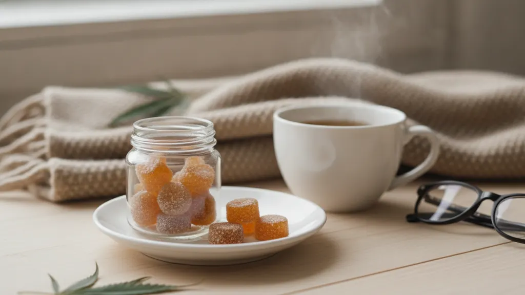 Hemp gummies beside a weekly pill organizer and a printed prescription medication list on a kitchen counter
