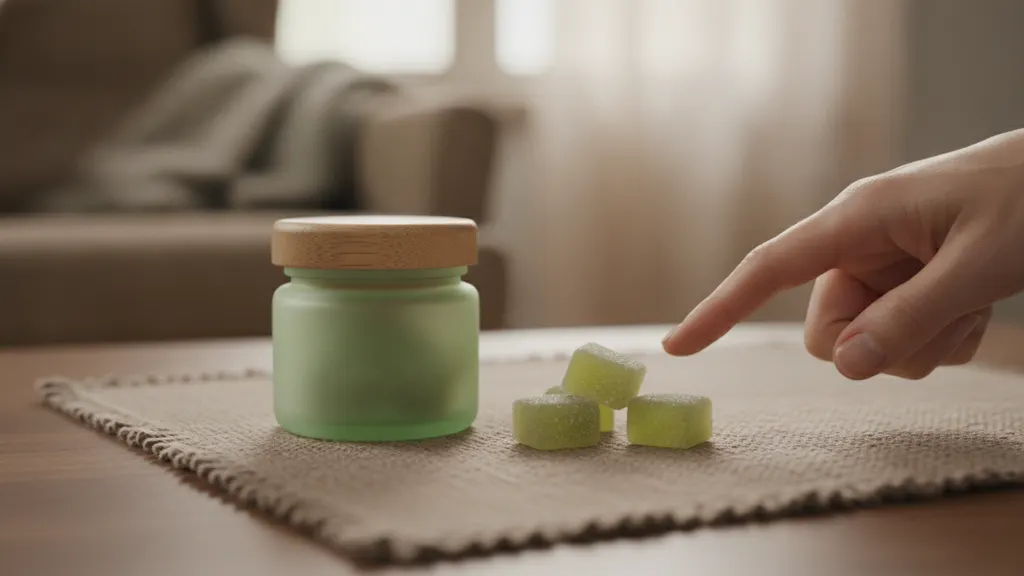 Pregnant person reading the ingredient panel and lab COA on a jar of hemp gummies at a kitchen counter