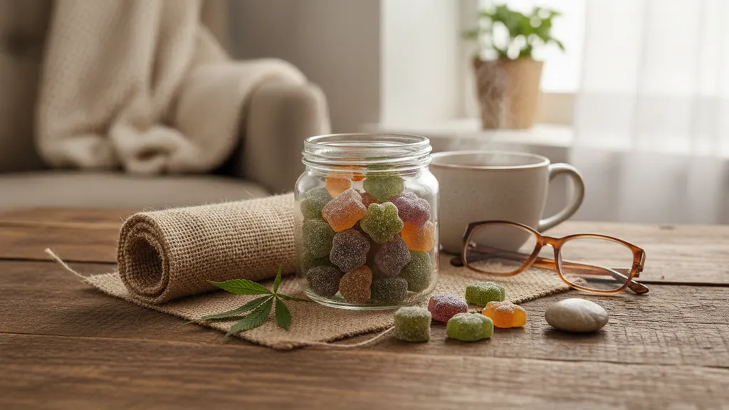 Shopper comparing hemp gummy label details and state THC rules on a phone at a kitchen counter