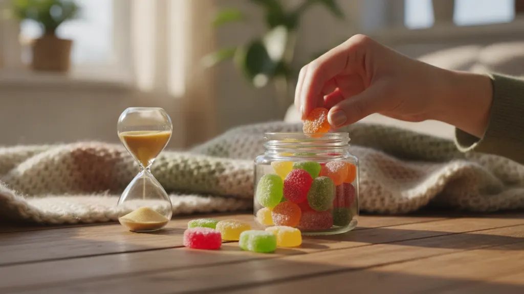 Hand holding a single hemp-derived gummy beside a kitchen clock marking onset and peak timing