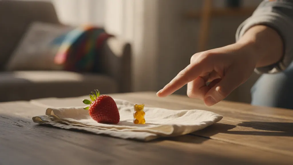 Hemp-derived THC gummies arranged on a wood surface next to a timer showing 90 minutes