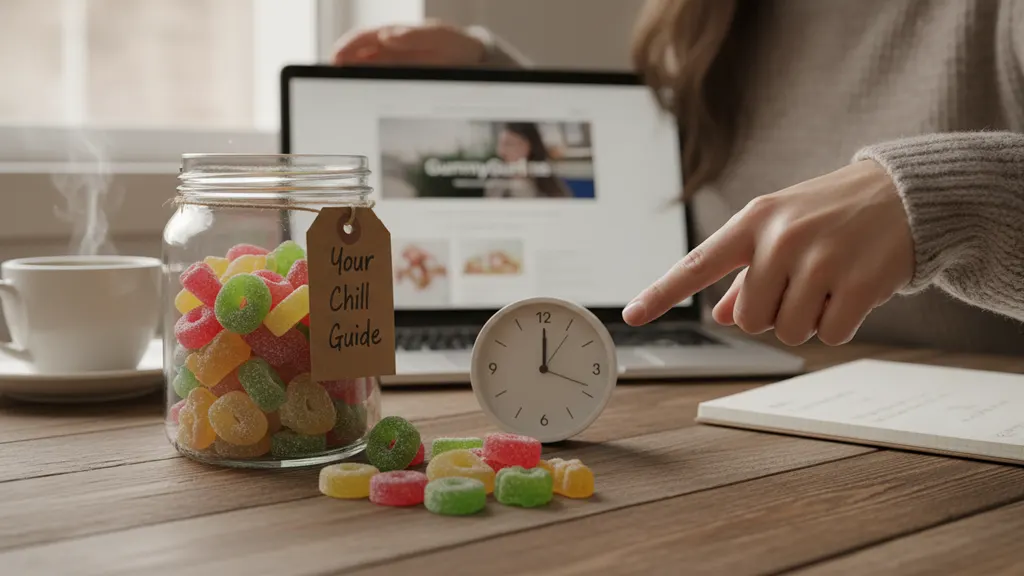 Hemp-derived THC gummies on a kitchen counter next to a small timer set for one hour onset window