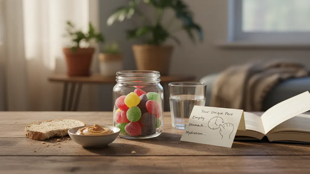 Person relaxing on a couch with a glass of water and a phone timer set after eating a hemp-derived THC gummy