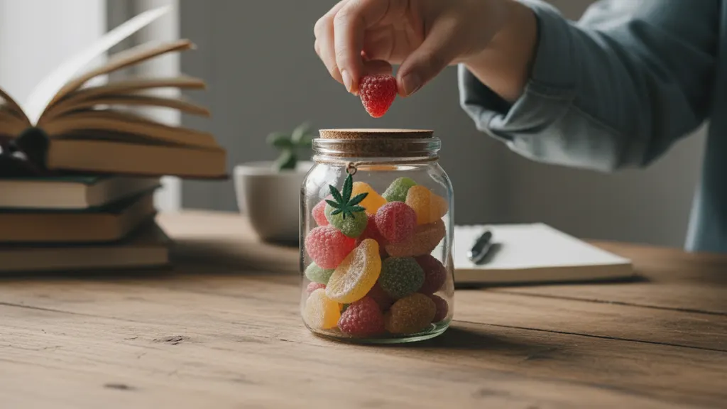 Side-by-side comparison of 2.5 mg, 5 mg, and 10 mg hemp-derived gummy doses on a kitchen counter