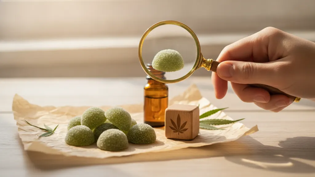 Shopper comparing a hemp gummy jar label against a printed certificate of analysis lab report showing cannabinoid potency and contaminant panels