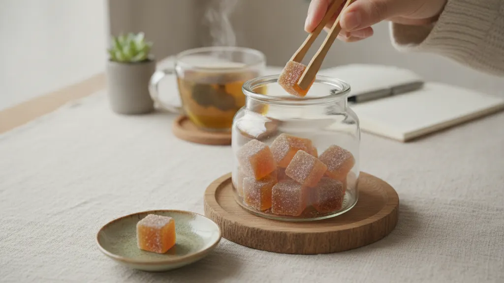 Quartered hemp-derived THC gummies on a plate showing a microdosing THC gummies portion