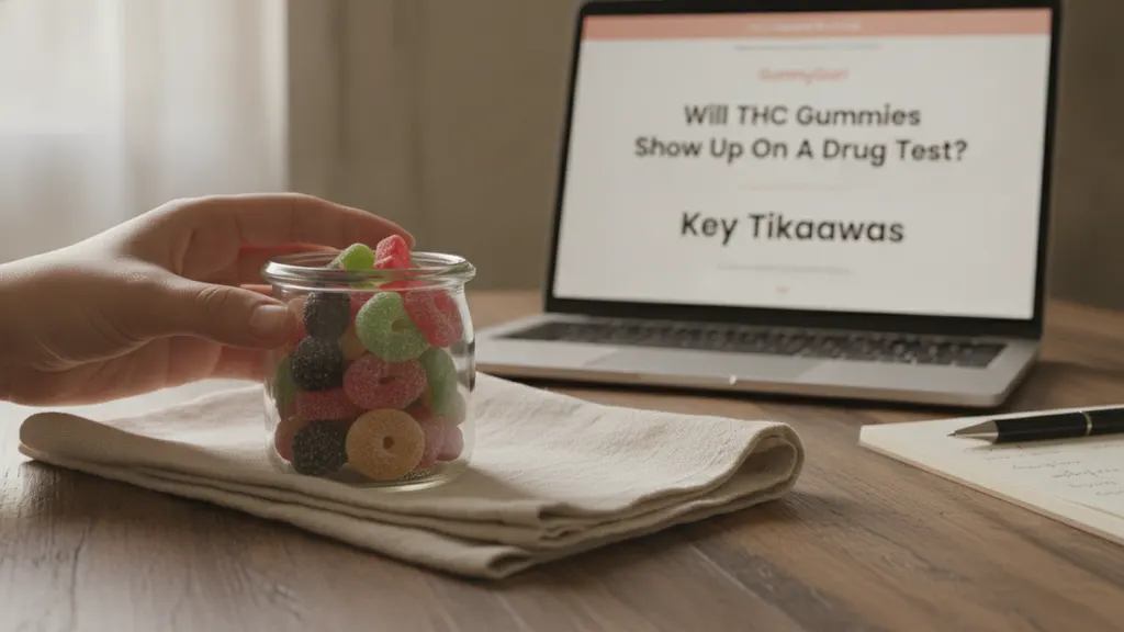 Pack of hemp-derived THC gummies sitting next to a urine sample cup on a clean kitchen counter