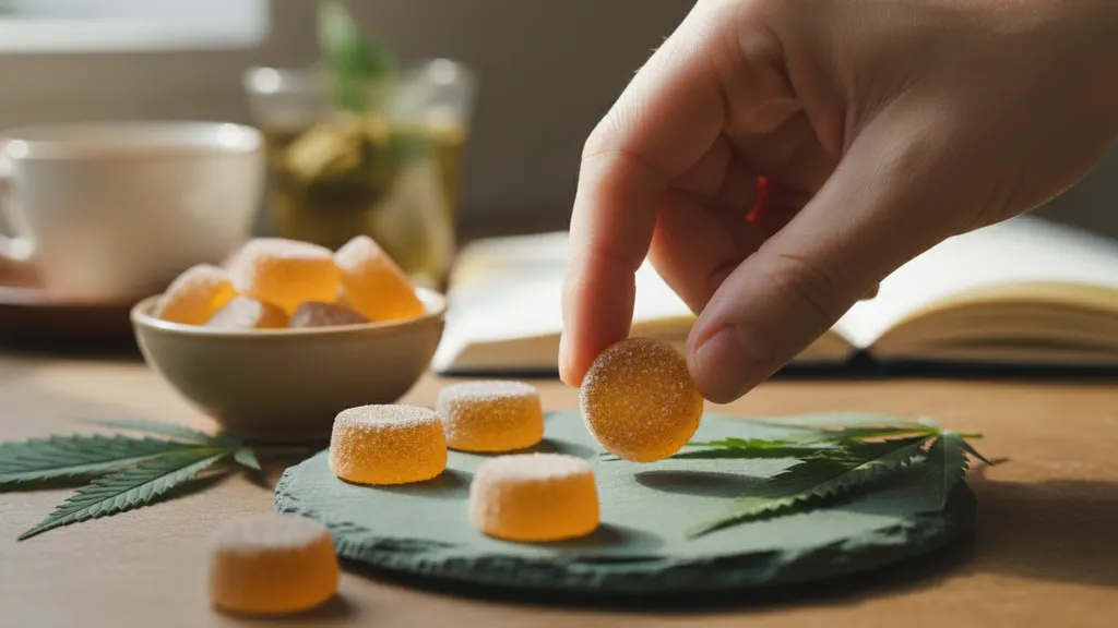 Hemp gummy supplement label showing 5mg delta-9 THC and 15mg CBD per serving illustrating a 1-to-3 CBD-to-THC ratio for anxiety relief