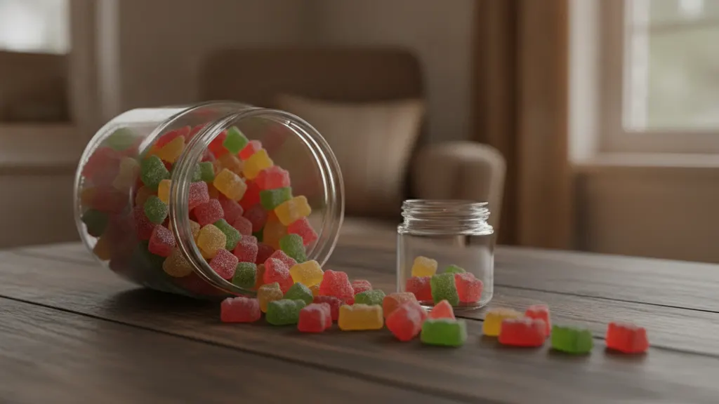 Hemp-derived THC gummies arranged next to a calendar showing a tolerance break schedule