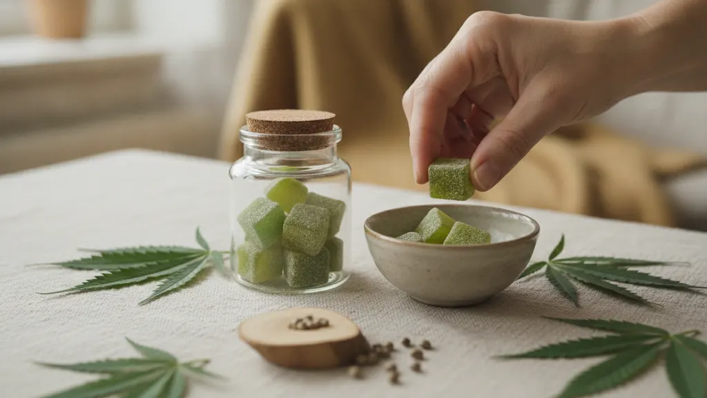 Close-up of hemp-derived THCA gummies on a wooden surface next to a lab-issued COA document