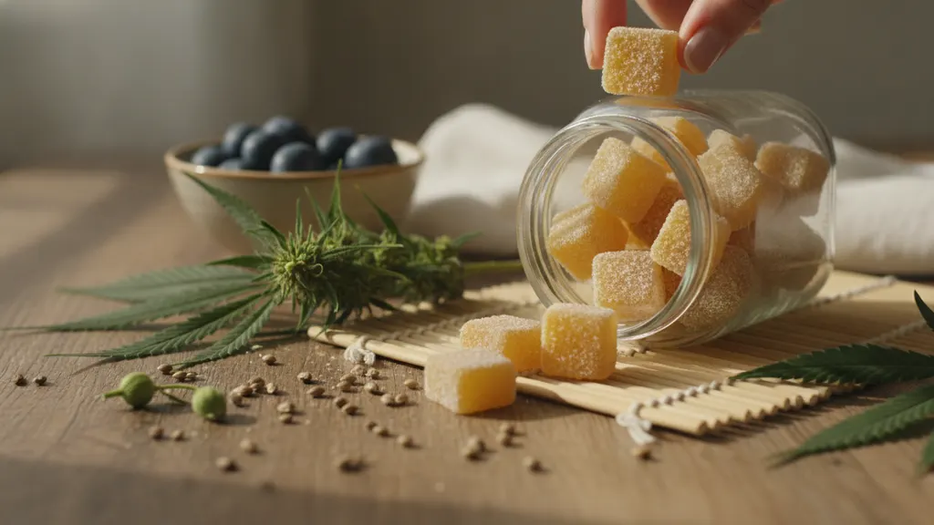 Plant-based hemp gummies set with pectin, shown beside apple peel, citrus peel and a printed batch certificate of analysis