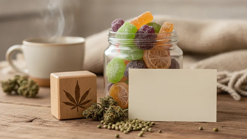 Amber HHC hemp gummies stacked on a laboratory certificate of analysis showing cannabinoid potency panel