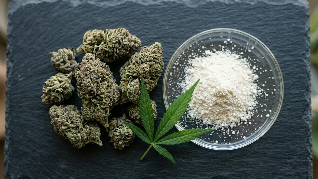Close-up of hemp trichomes on unheated flower bud showing THCA-rich resin glands before decarboxylation occurs