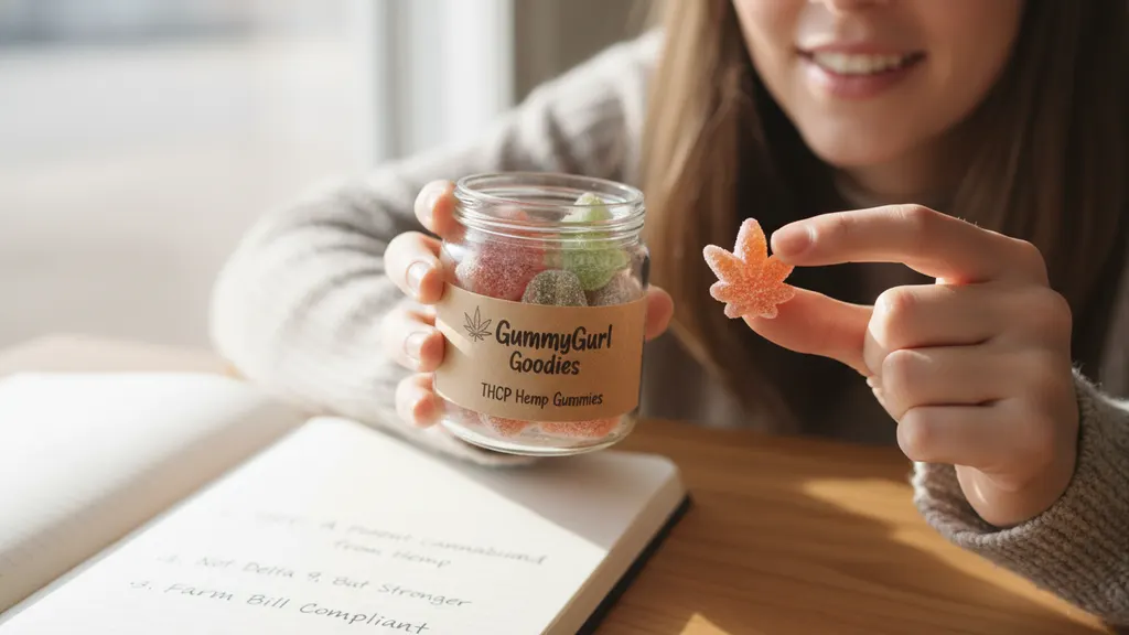Close-up of hemp-derived THCP gummies on a white surface showing the GummyGurl product line with dosage label