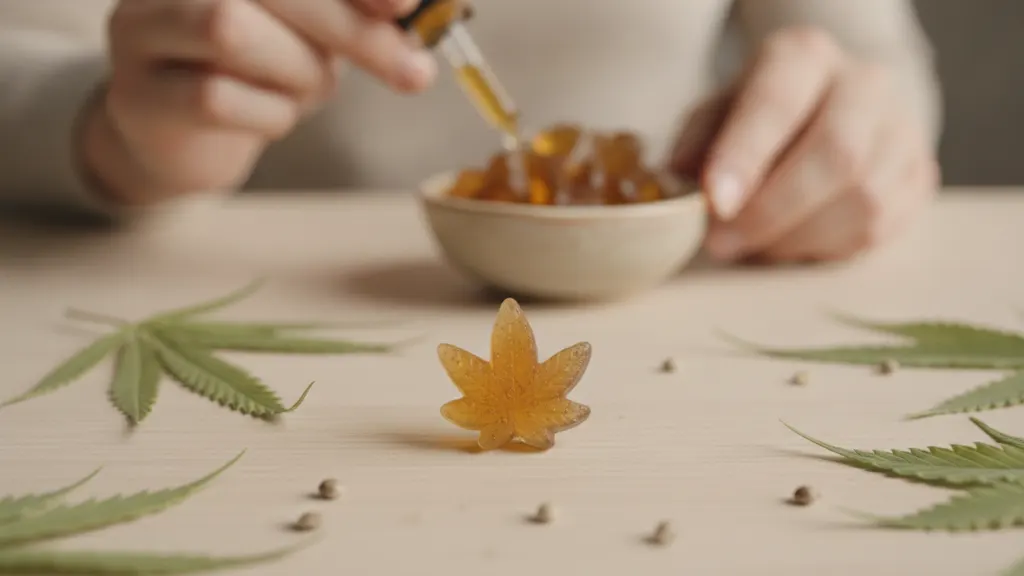 Hemp-derived THCV gummies arranged on a lab bench next to a printed COA report