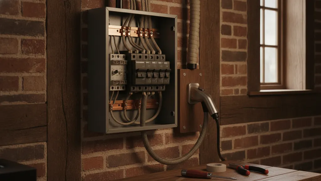 Freshly installed 200-amp electrical panel with dedicated Level 2 EV charger circuit in a residential garage