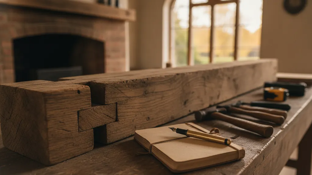 Reclaimed timber beam and hand tools on a restoration workbench