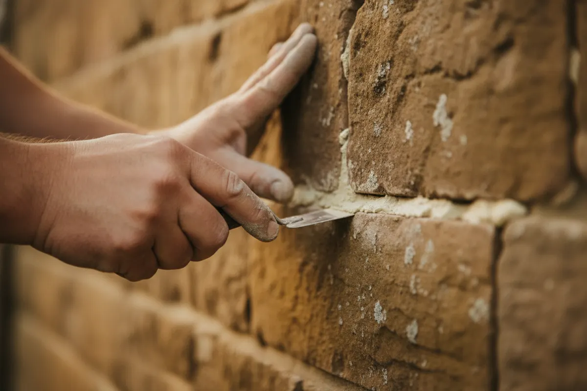Mason repointing a sandstone wall with lime mortar using a pointing trowel