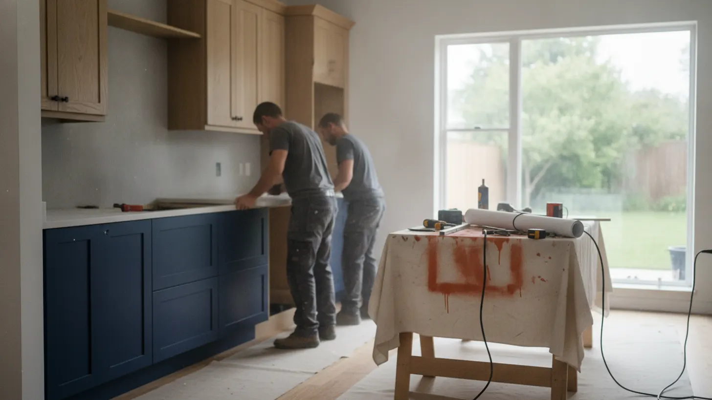 modern kitchen remodel in progress, new cabinetry and countertops, natural light, documentary