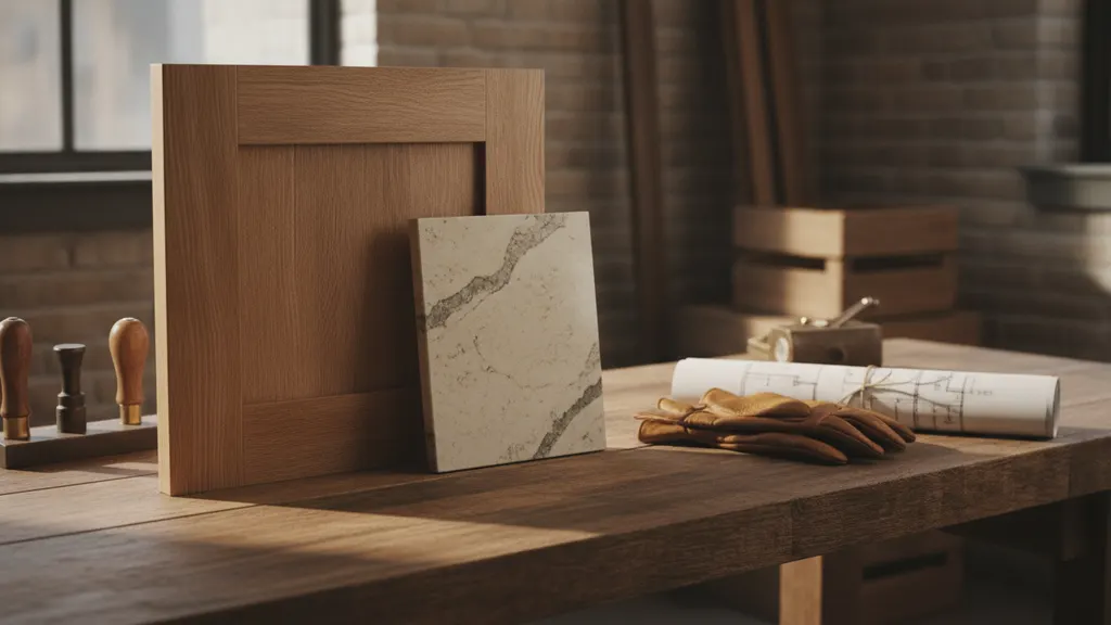 Craftsman-built semi-custom kitchen cabinets meeting quartz countertops during a 2026 kitchen remodel installation